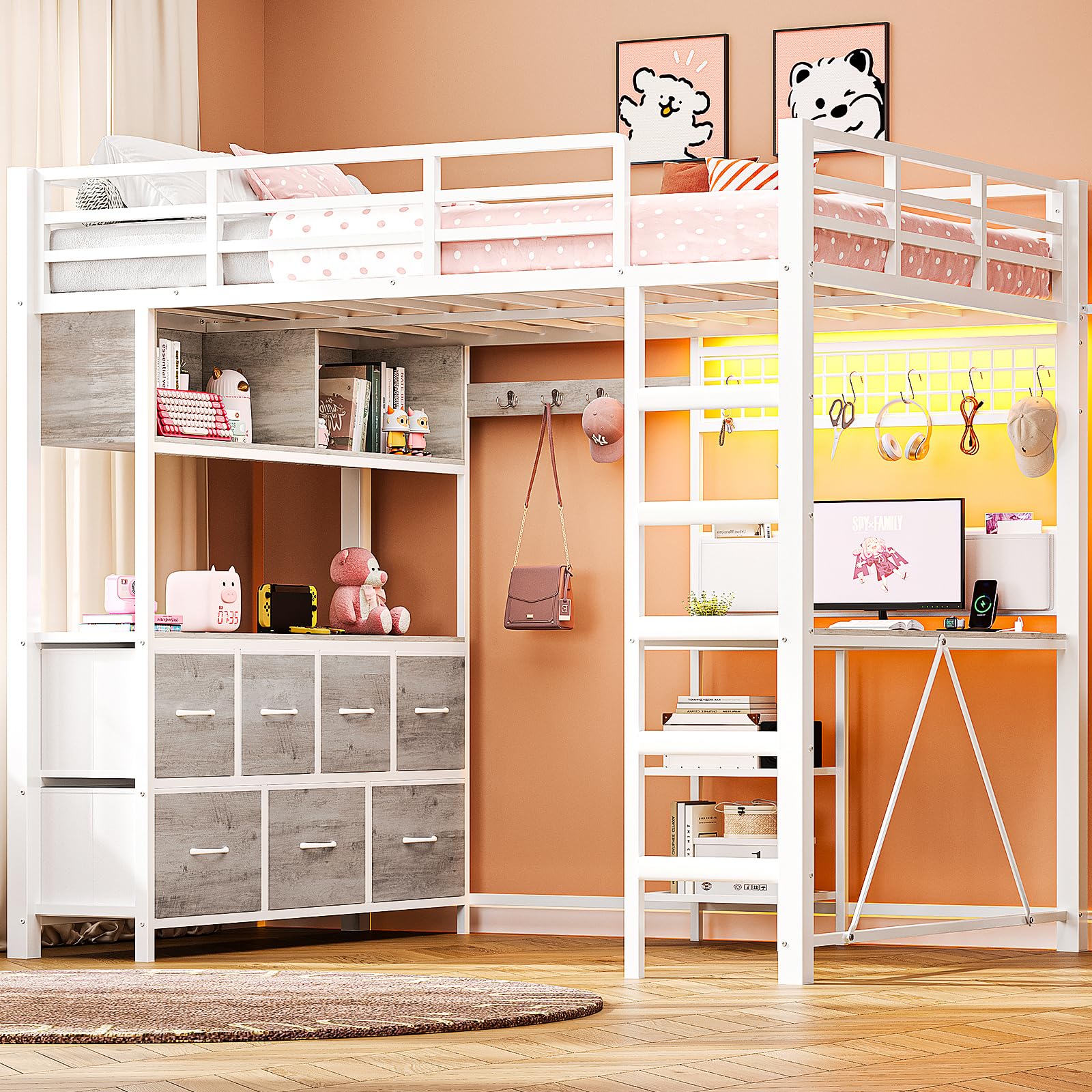 Full Size Loft Bed with Desk, Drawers & LED Lights