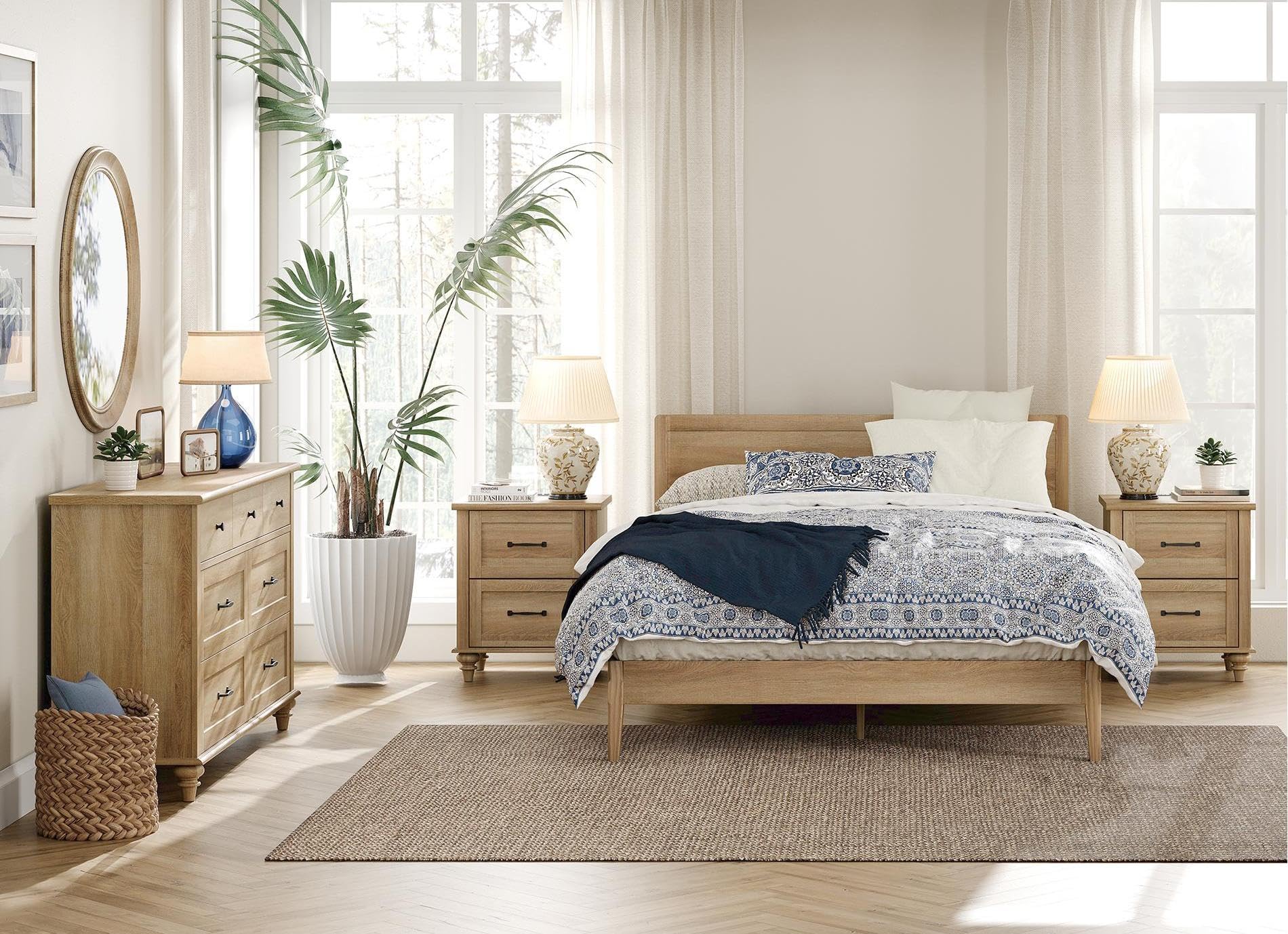 3-Piece Bedroom Set with 7-Drawer Dresser & Nightstands with Charging Station – Oak