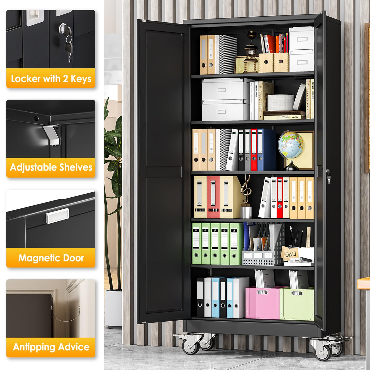 PAOFIN 75''H Metal Garage Storage Cabinet with Wheels,Steel File Cabinets with 2 Doors and 5 Adjustable Shelves for Home Office, Warehouse, Required Assembly,Black