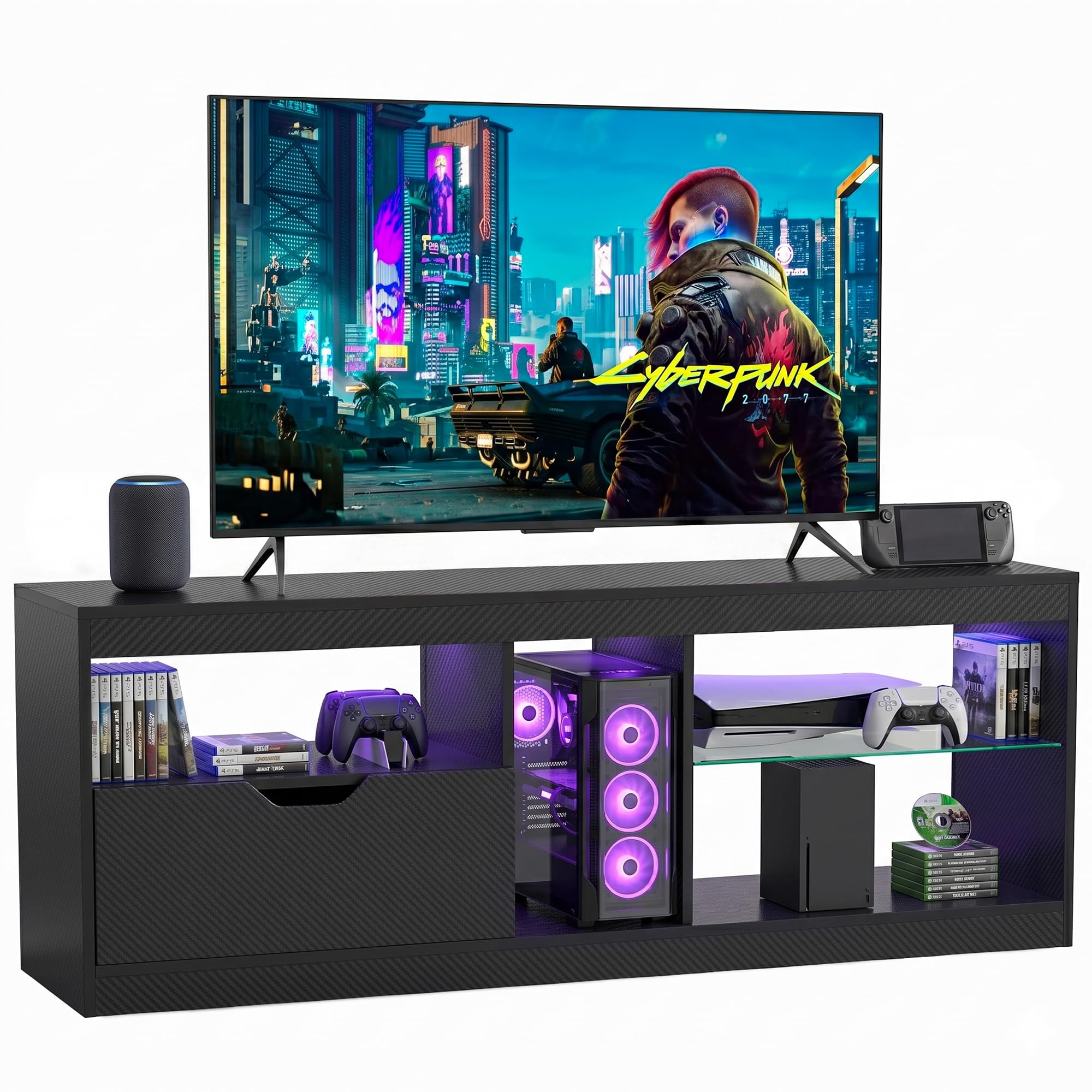 Homall LED TV Stand Mount for 65 inch, Modern Entertainment Center with LED Lights & High Glossy Cabinets, TV Cabinet Console Table with Drawer, Glass Shelves, Dynamic RGB Modes for Living Room, Black