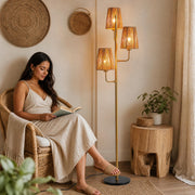 XZHGCEE Rattan Floor Lamp for Living Room:3 Light Boho Floor Lamp for Bedroom, Gold Standing Lamp with Foot Switch, Coastal Rustic Tall Lamp, No Bulb