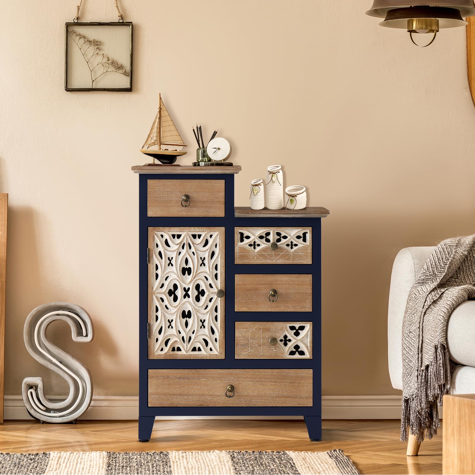 Farmhouse Accent Chest with Carved Door & 5 Drawers
