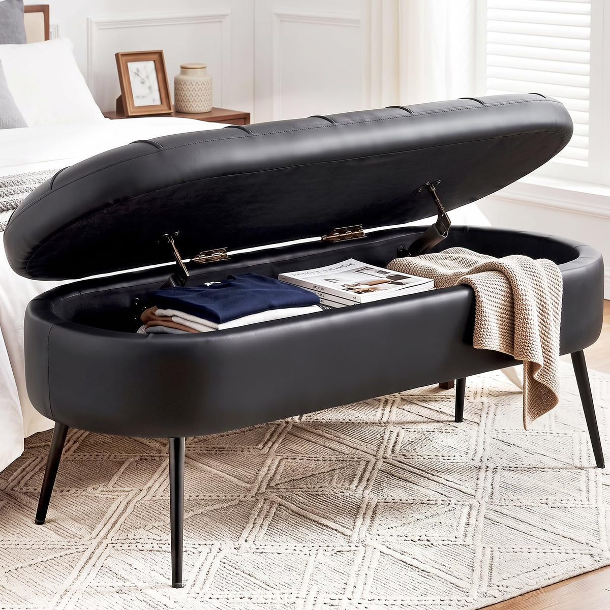 VATROS Storage Ottoman Bench, 43.7" PU Leather End of Bed Bench Black
