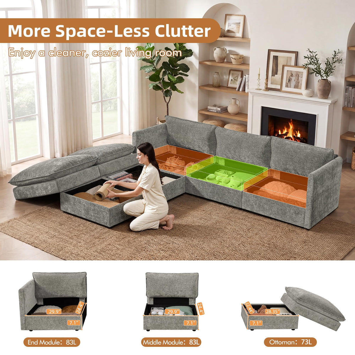 WorthFurni Modular Sectional Sofa with Storage Ottomans,103" U-Shaped Cloud Couch,Comfy Modern Couches with Pillows & Upholstered Deep Seat Cushion for Apartment Living Room Bedroom（Gray）