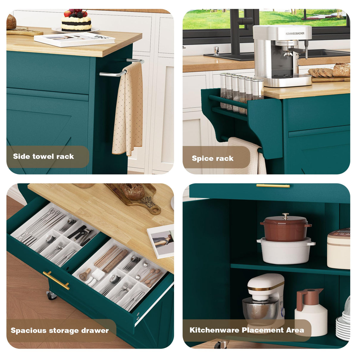 Chireca Kitchen Island with Storage, Rolling Island Table with Drop Leaf