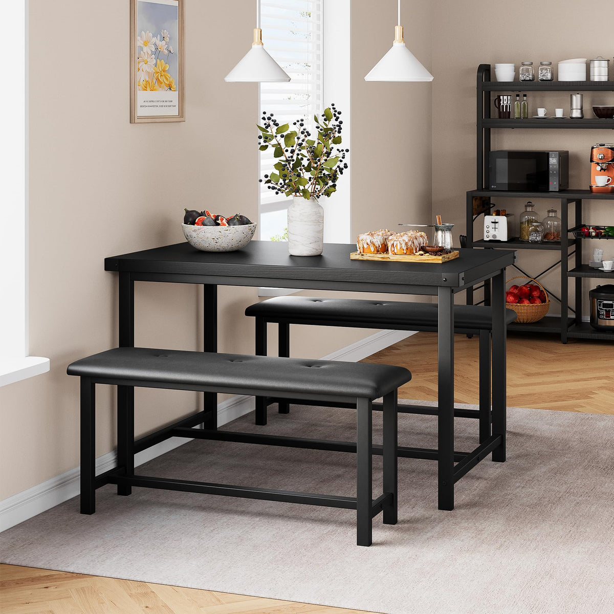 CABIHOME Dining Table Set for 4, Kitchen Table Set for 4 with Upholstered Benches, Rectangular Dining Room Table Set for Small Space, Apartment, Studio, Rustic Black