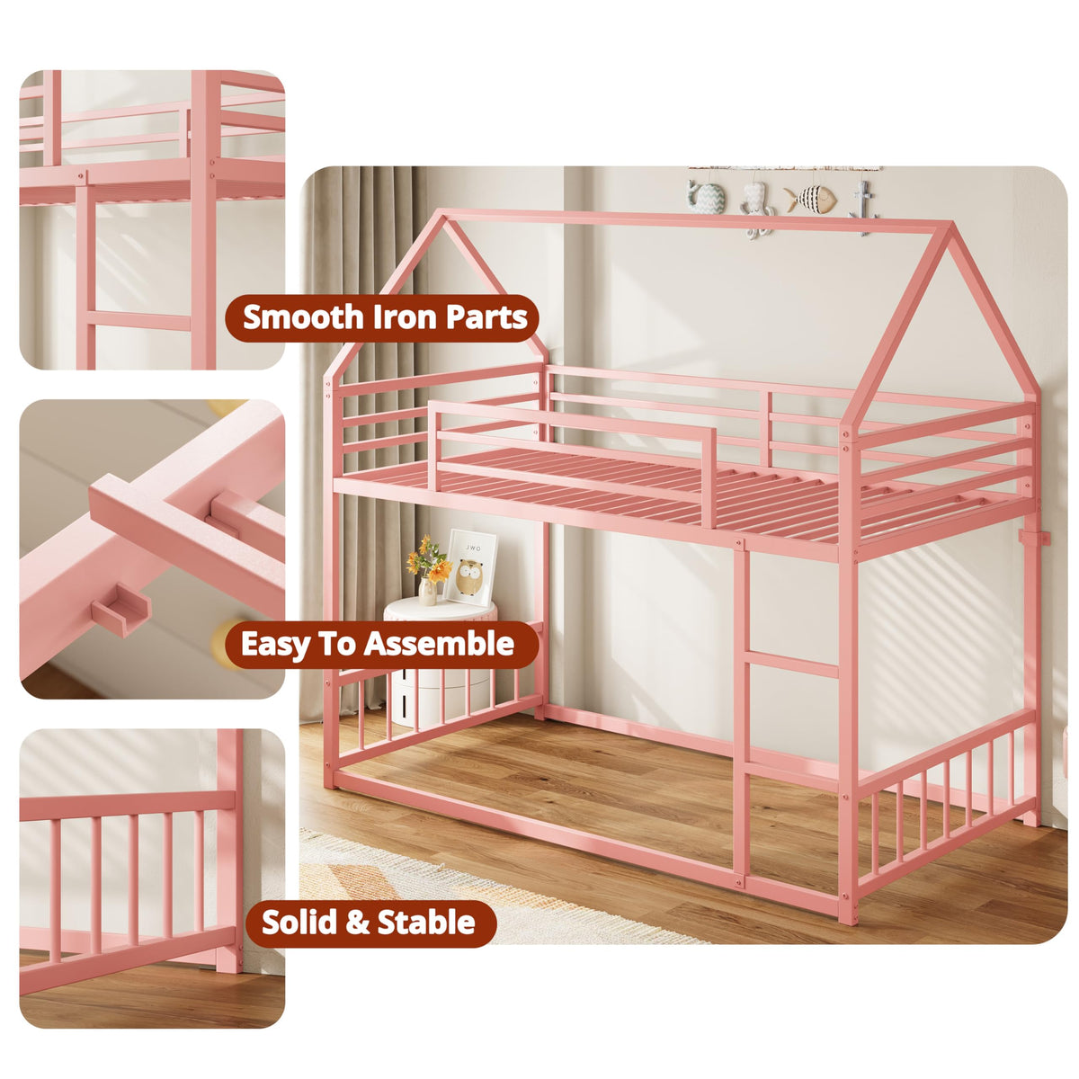 LIKIMIO Bunk Bed Twin Over Twin, House Bunk Bed Frame with Ladder and Guardrail, House Shaped with Metal Slats for Dormitory and Bedroom, Space Saving, No Box Spring Needed, Pink