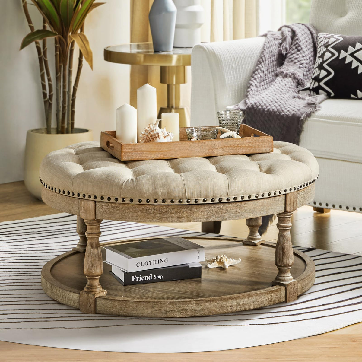 HULALA HOME Large Round Ottoman Coffee Table, 2-Tier Oversized Button Tufted Ottoman, with Wood Shelf Storage Farmhouse Upholstered, Coffee Table for Living Room Footrest, Linen