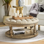 HULALA HOME Large Round Ottoman Coffee Table, 2-Tier Oversized Button Tufted Ottoman, with Wood Shelf Storage Farmhouse Upholstered, Coffee Table for Living Room Footrest, Linen