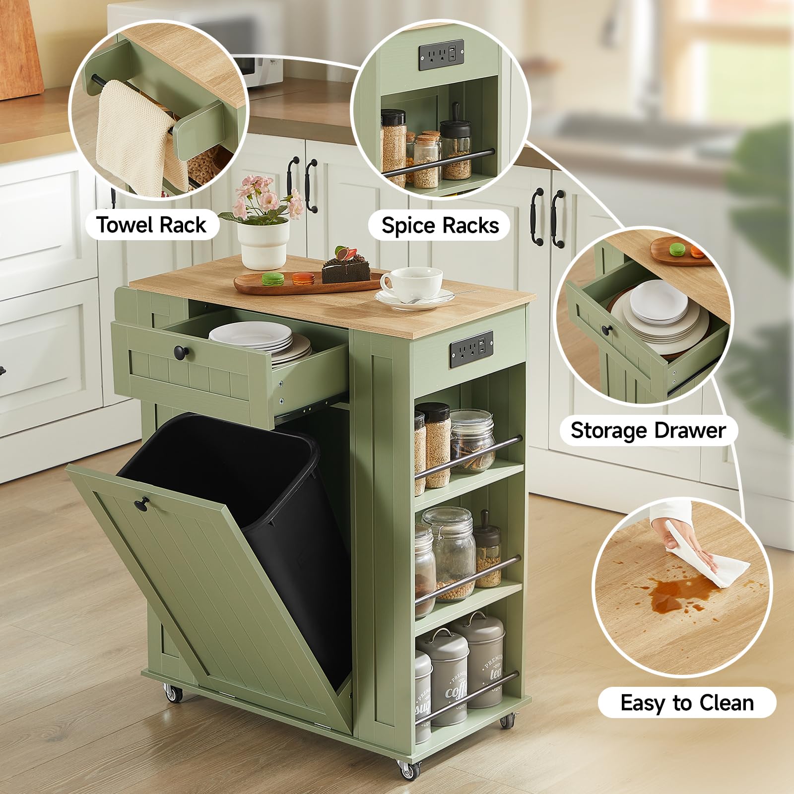 Rolling Kitchen Island with Trash Cabinet & Power Outlet