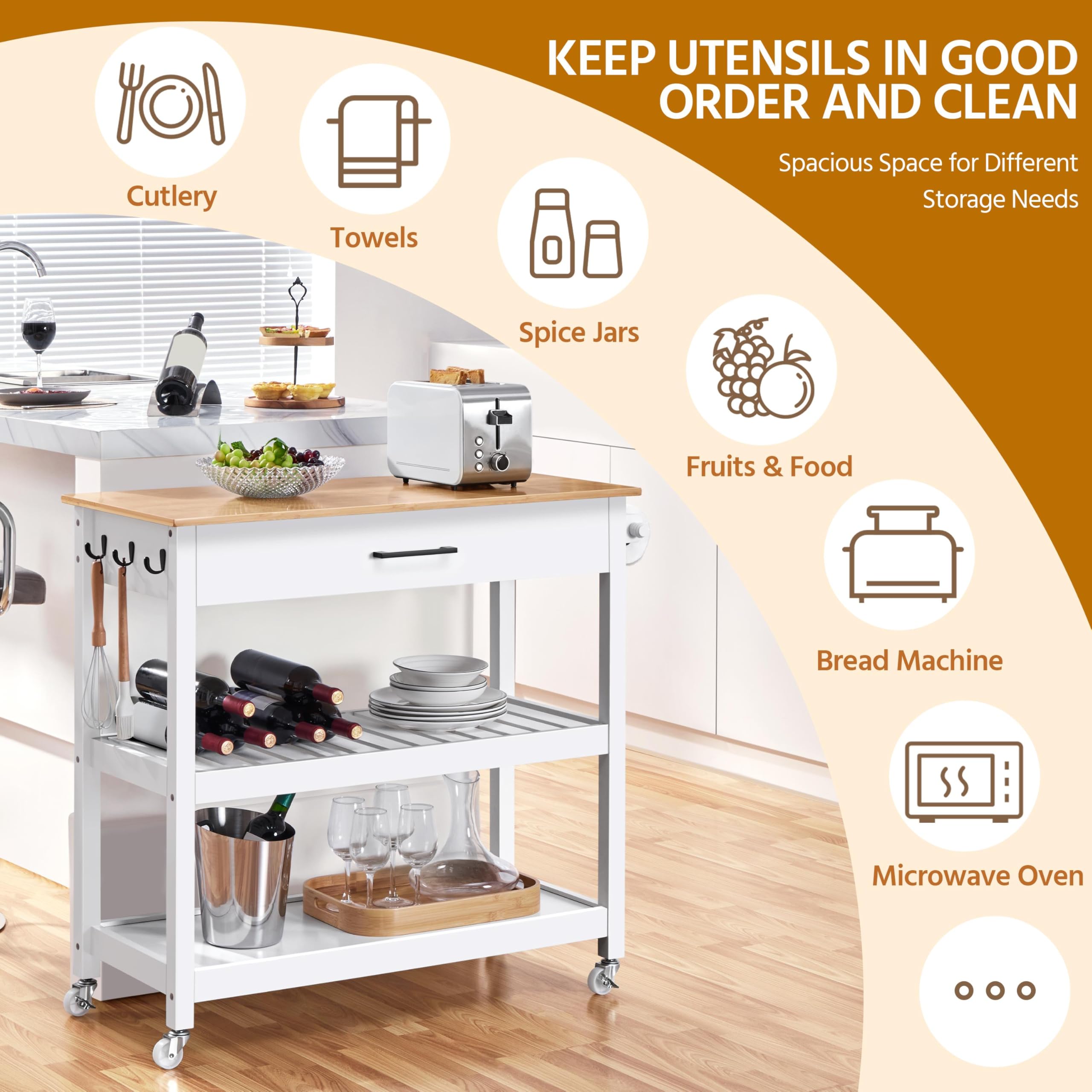 Kitchen Island Cart on Wheels with Drawer, Towel Bar & Hooks
