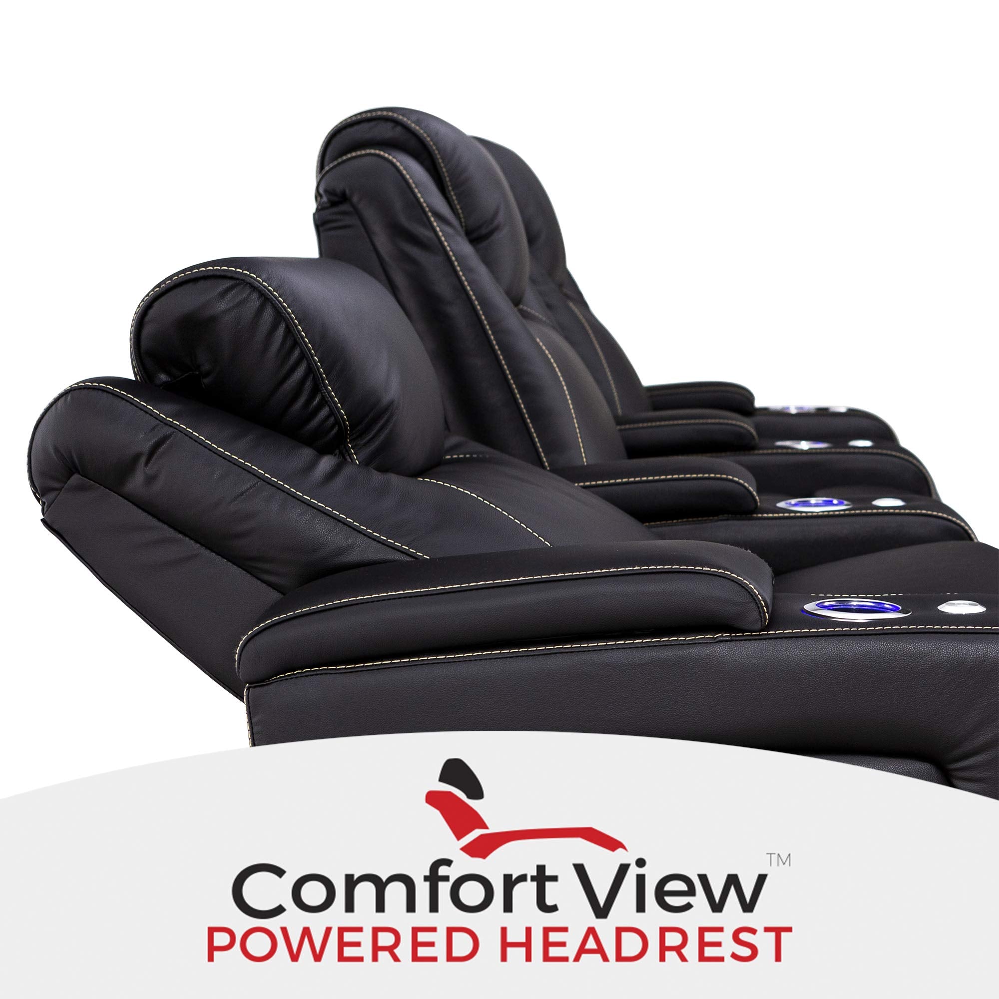Seatcraft Pantheon - Big & Tall - Home Theater Seating - Living Room - 400 lbs Capacity - Italian Leather - Power Recline - Powered Headrest and Lumbar - Cupholders - Arm Storage, Row of 3, Black