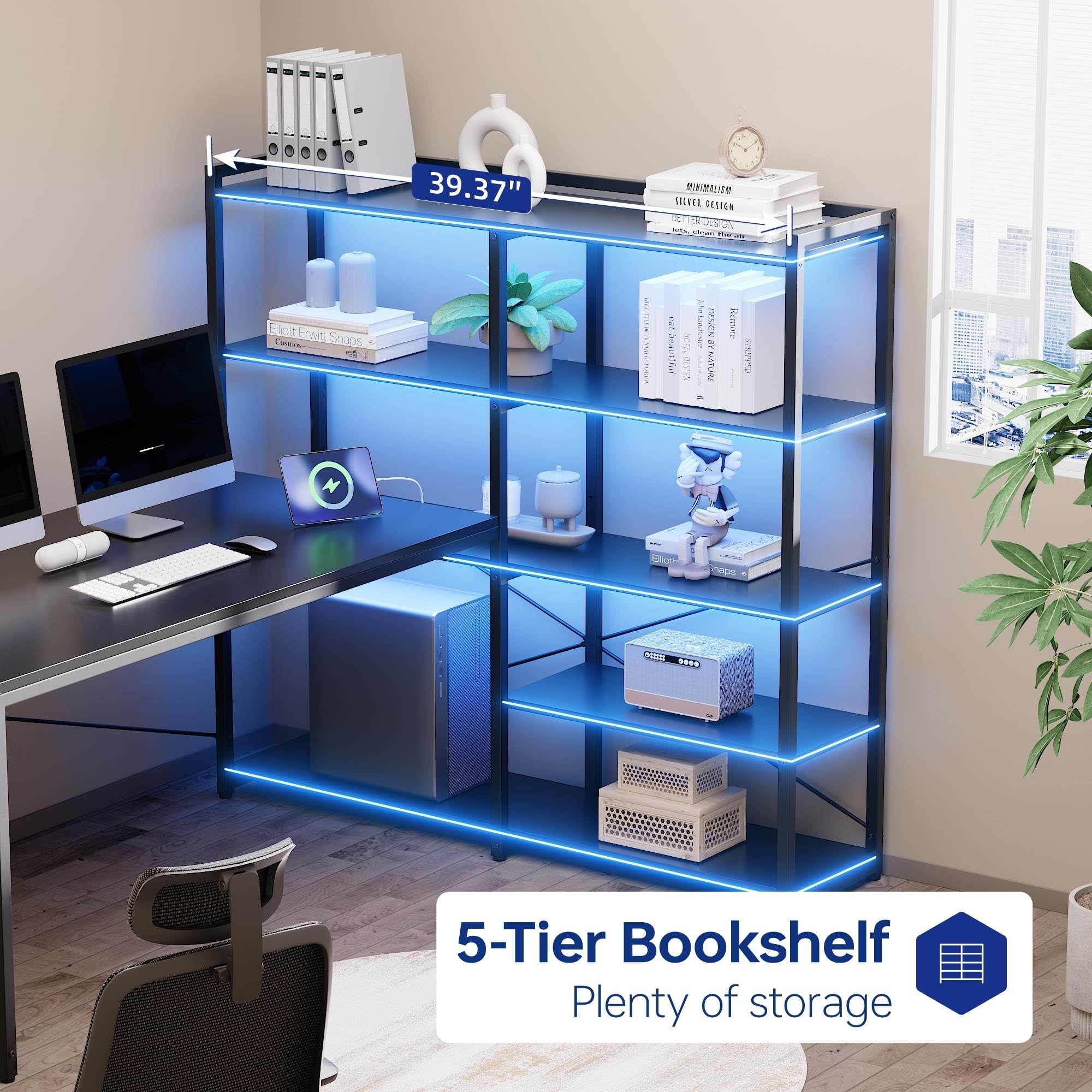 L-Shaped Desk with 5-Tier Shelves, LED Lights & Power Outlet, 49 Inch