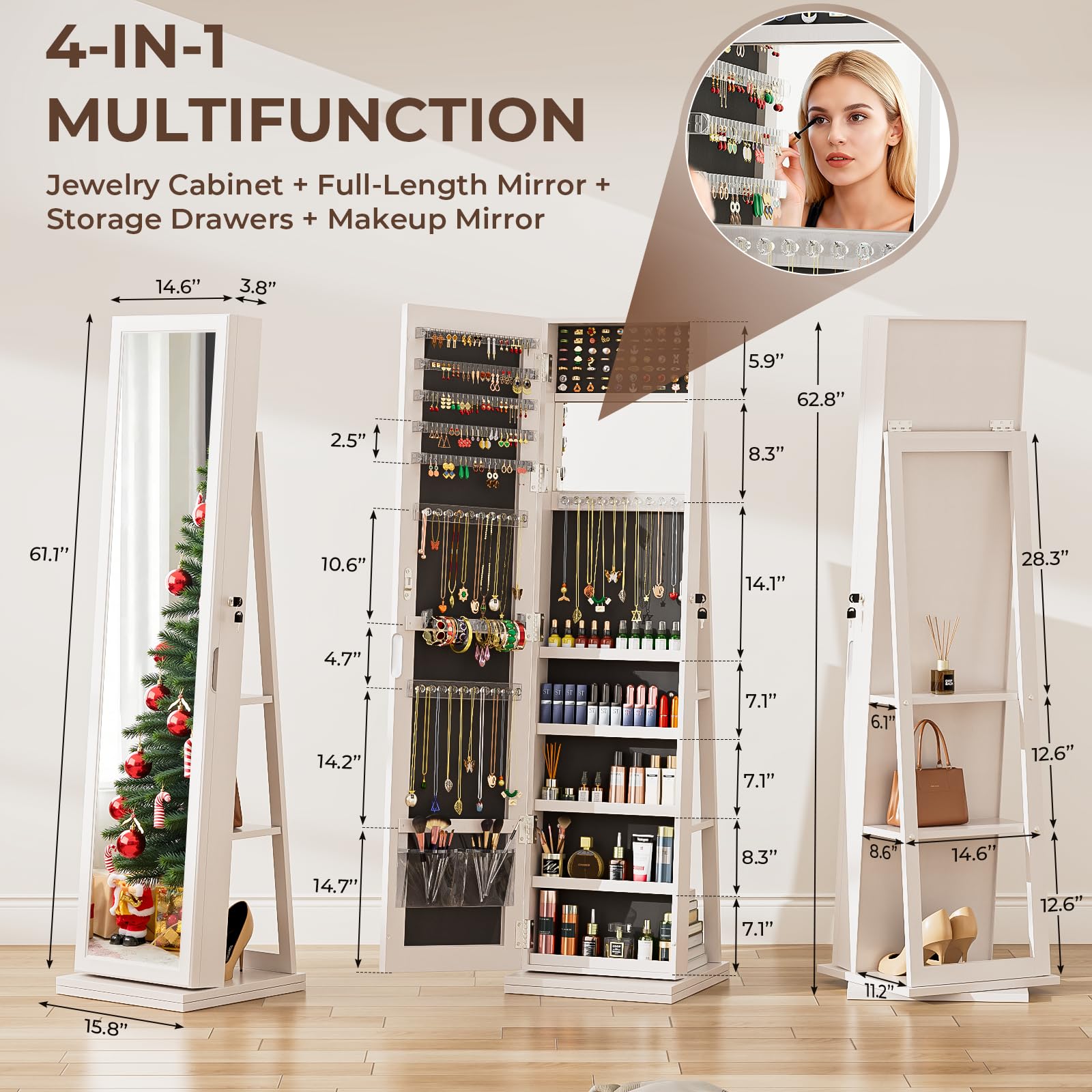 Lockable Jewelry Armoire with Full-Length Mirror