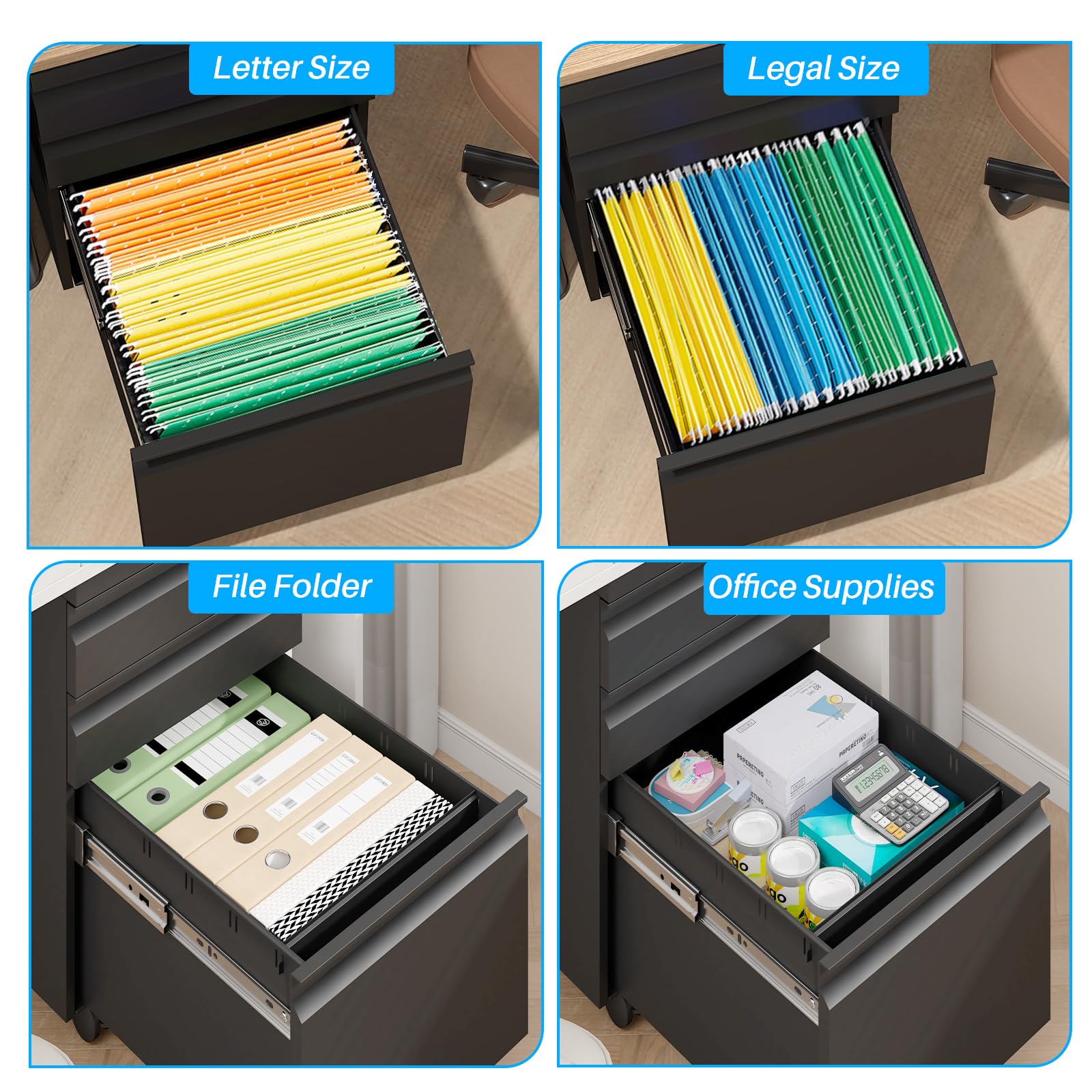 3-Drawer Mobile Metal File Cabinet with Lock