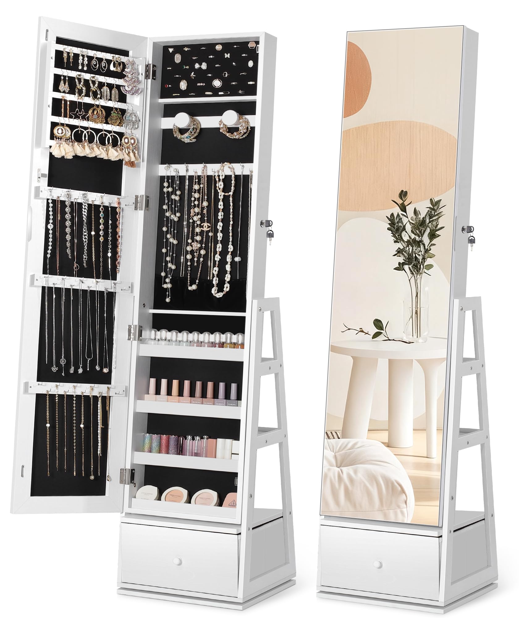 Nicetree 360° Swivel Jewelry Cabinet, Rotatable Full Length Mirror with Jewelry Storage, Standing Jewelry Armoire Organizer, Lockable Jewelry Organizer with 3 Rear Shelves, Bottom Drawer, Pure White