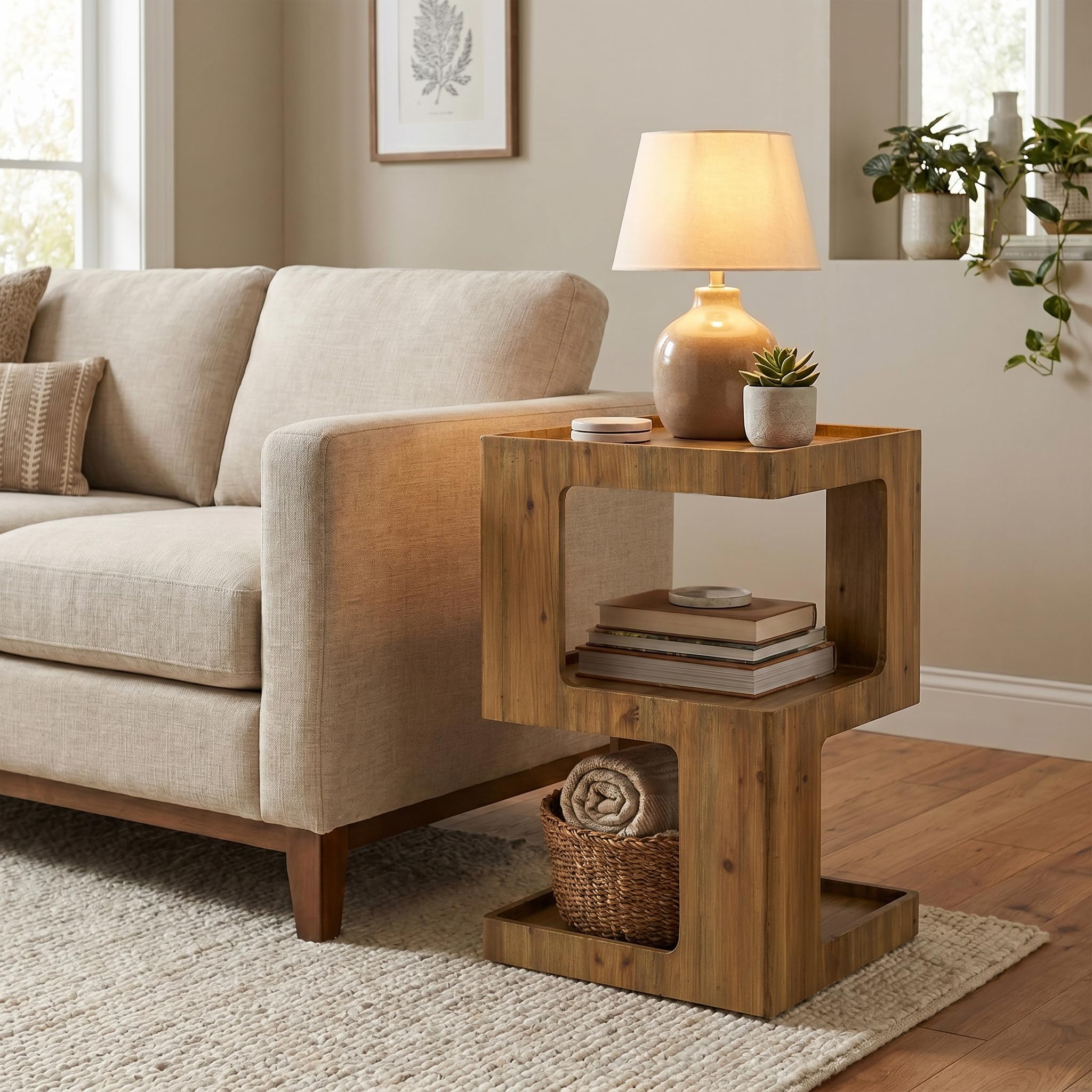 Geometric Wood End Table – 3-Tier Open Shelf