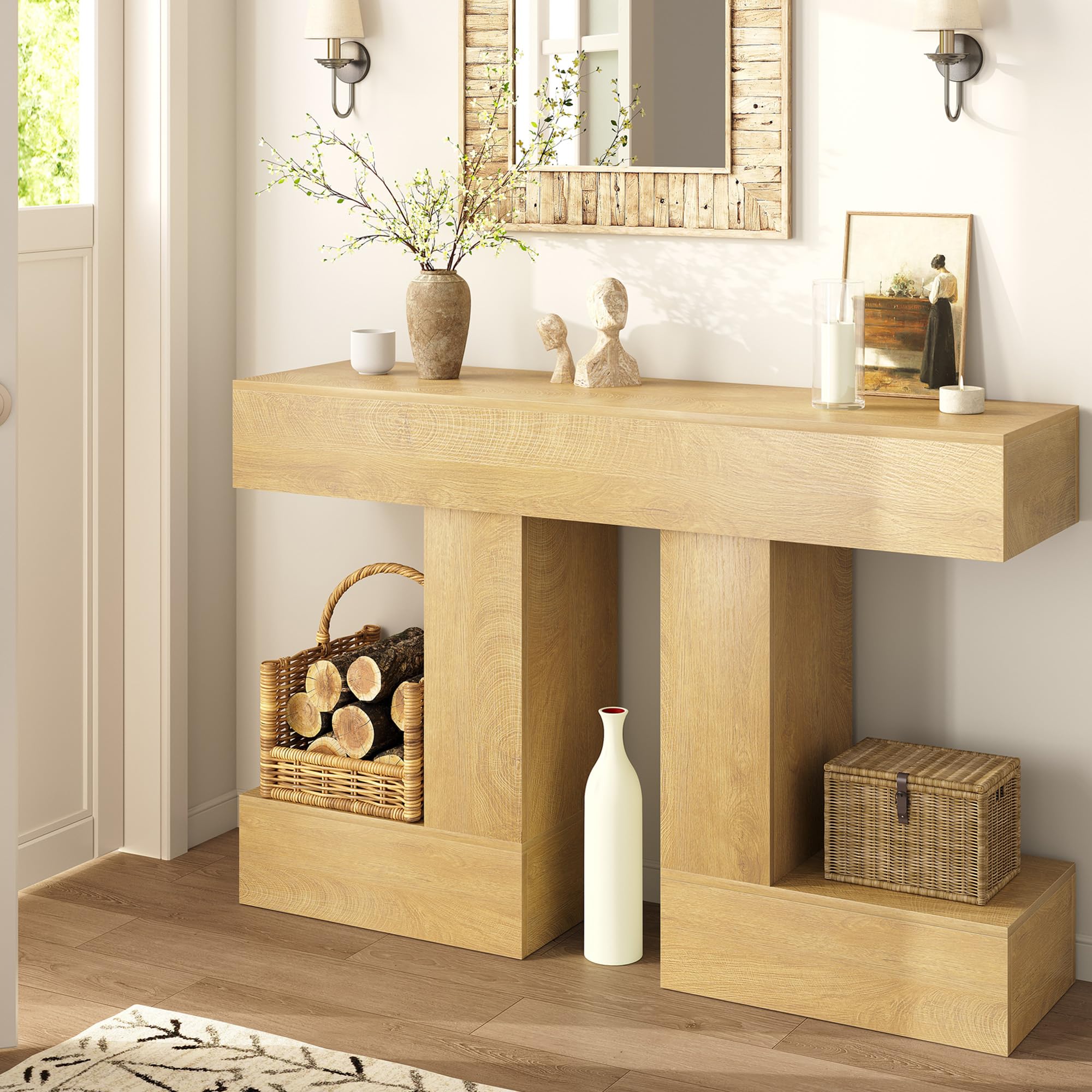 Vividwood 47.24-Inch Console Table, Farmhouse Sofa Table Behind Couch with Storage, Industrial Entryway Table for Living Room, Hallway, Entrance & Foyer, Natural Wood Finish