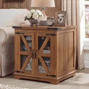 BEROXII Farmhouse End Table, 24" Large End Tables with Storage, Rustic Square Sofa Beside Table with Glass Barn Door, Wood Side Table Square Nightstand for Living Room, Bedroom, Office (Brown)