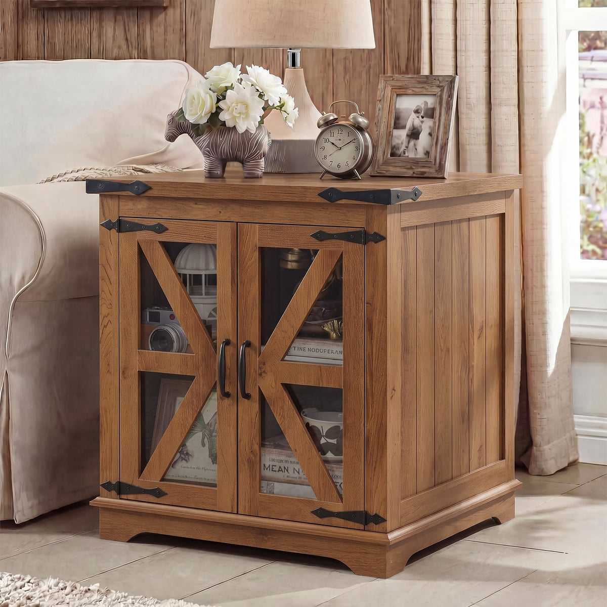 BEROXII Farmhouse End Table, 24" Large End Tables with Storage, Rustic Square Sofa Beside Table with Glass Barn Door, Wood Side Table Square Nightstand for Living Room, Bedroom, Office (Brown)