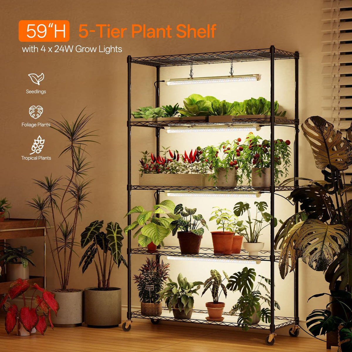 Bstrip 5-Tier Plant Shelf with Grow Light, 35.4x13.8x59in