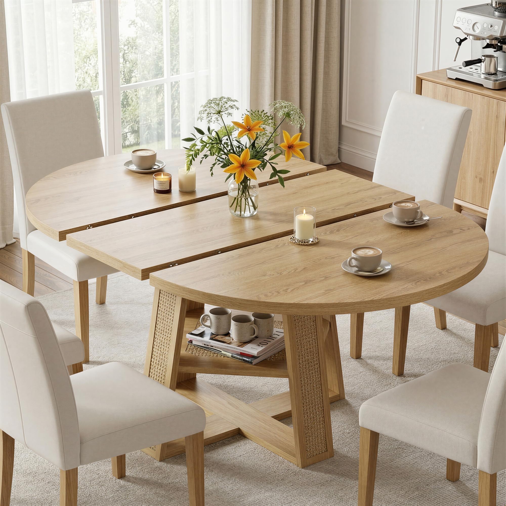 Extendable Round Dining Table with Storage Shelf