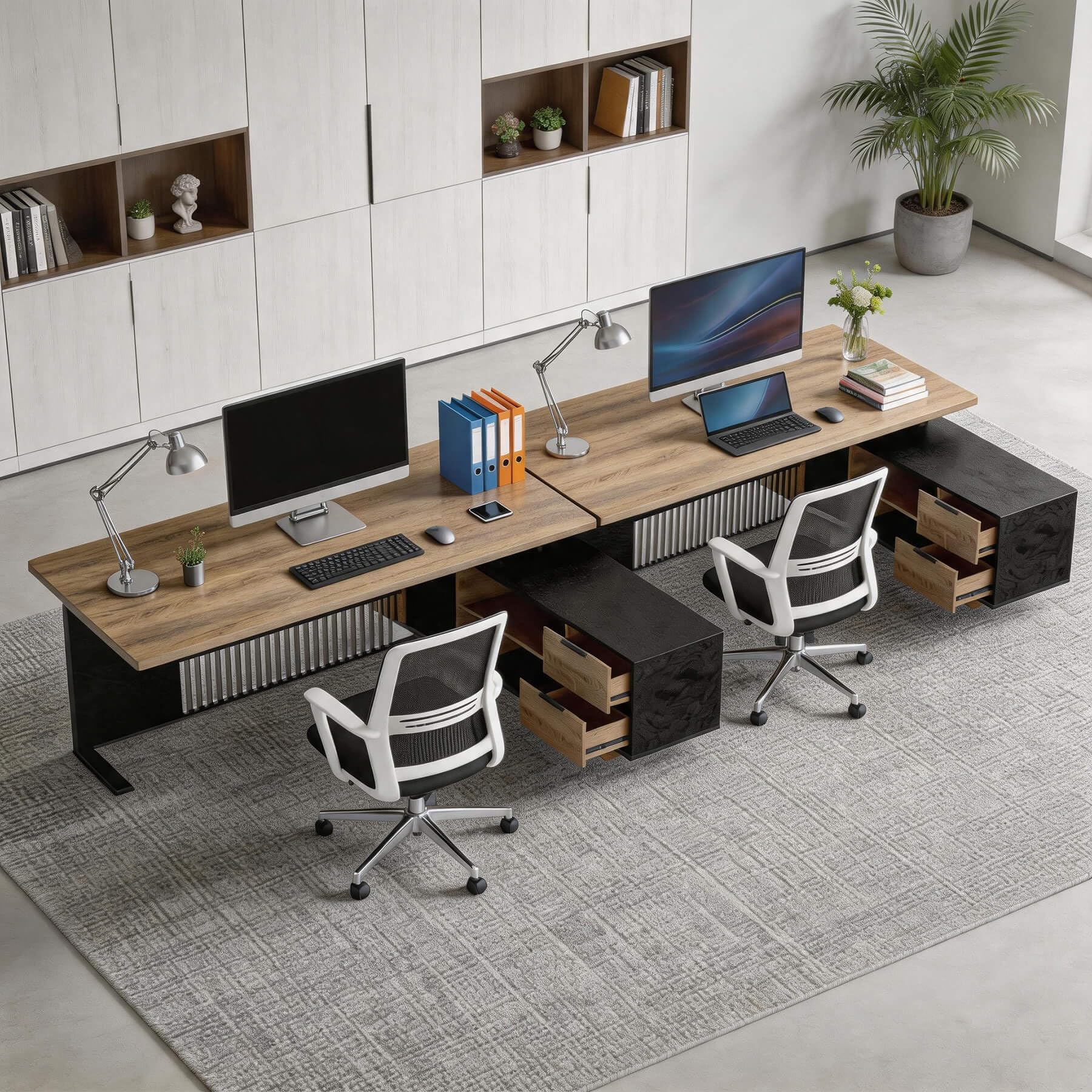 70.86 inch Inch Large Executive Desk with Drawers Cabinet, L Shaped Office Desk, Computer Desk with Universal Charging Ports and Cable Management for Business Furniture Set Workstation for Home Office