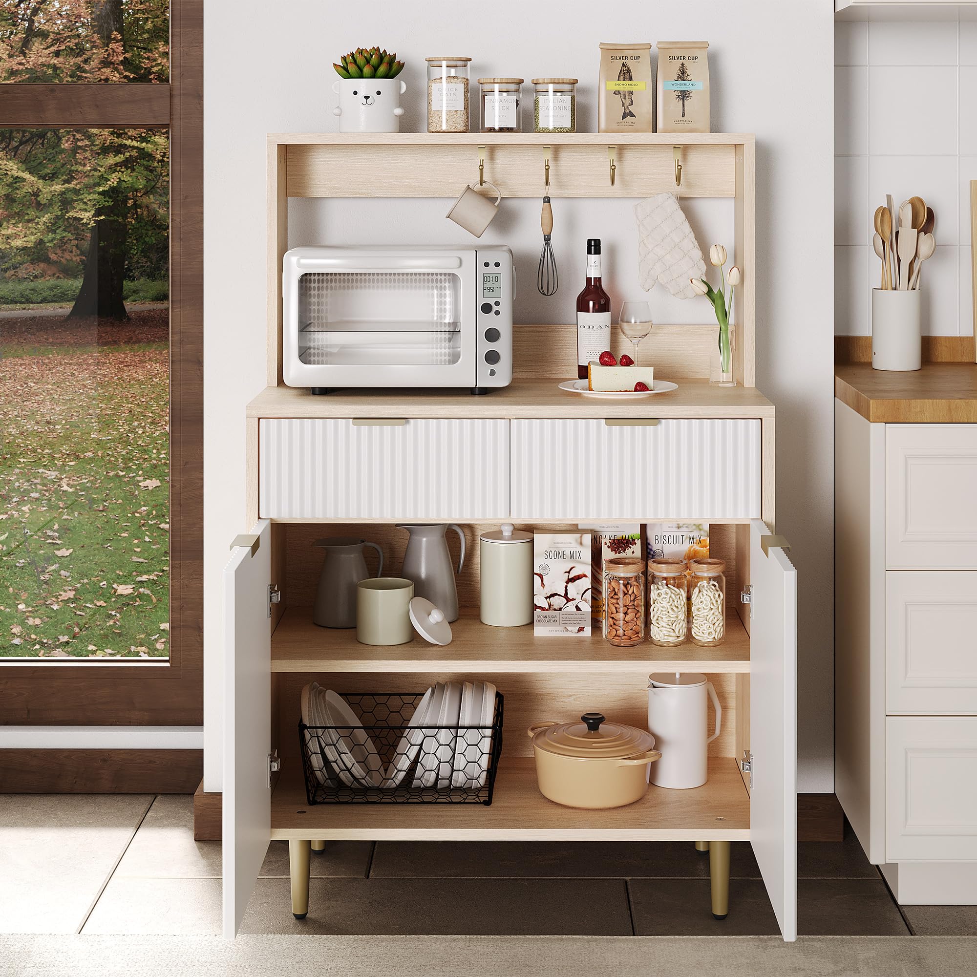 Modern Wood Sideboard Buffet Cabinet with Adjustable Shelves and 2 Drawers, Versatile Storage Console Table for Dining Room, Kitchen, Living Room, or Entryway, Organizer Solution