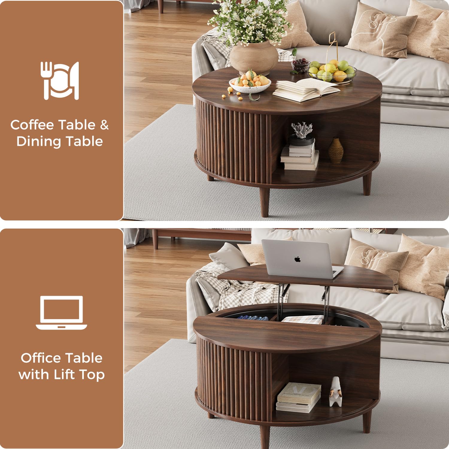Madaha Lift Top Coffee Table with Storage, Fluted Round Center Table with Sliding Cabinet Door, Small Circle Table for Living Room, Walnut