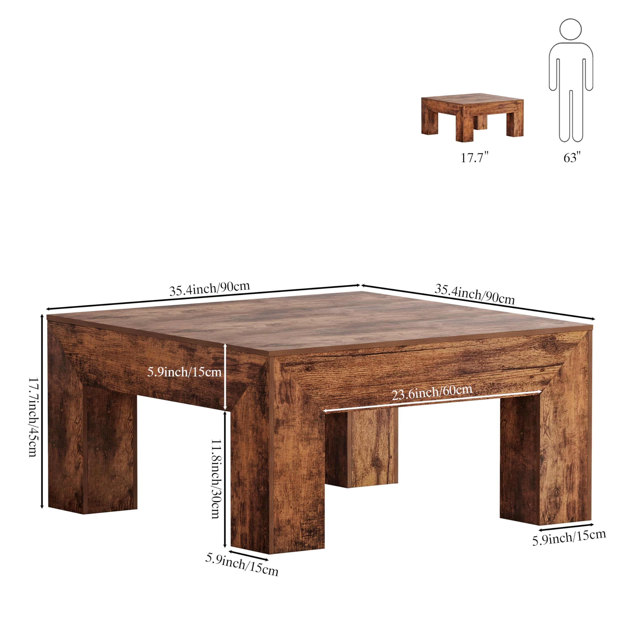 Square Coffee Table with Thick Base – Rustic Brown