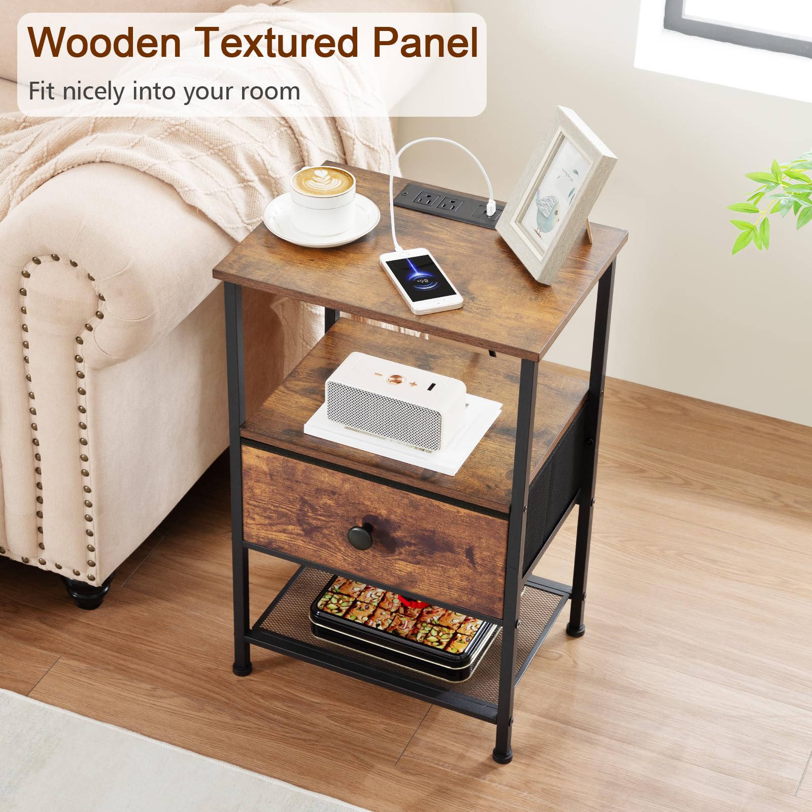 LOAKEKEL Night Stand Set 2, Nightstand with Charging Station, End Tables Living Room with Fabric Drawer for Small Spaces, Bed Side Tables with Storage Shelf for Bedroom, Rustic Brown HETS010PBR