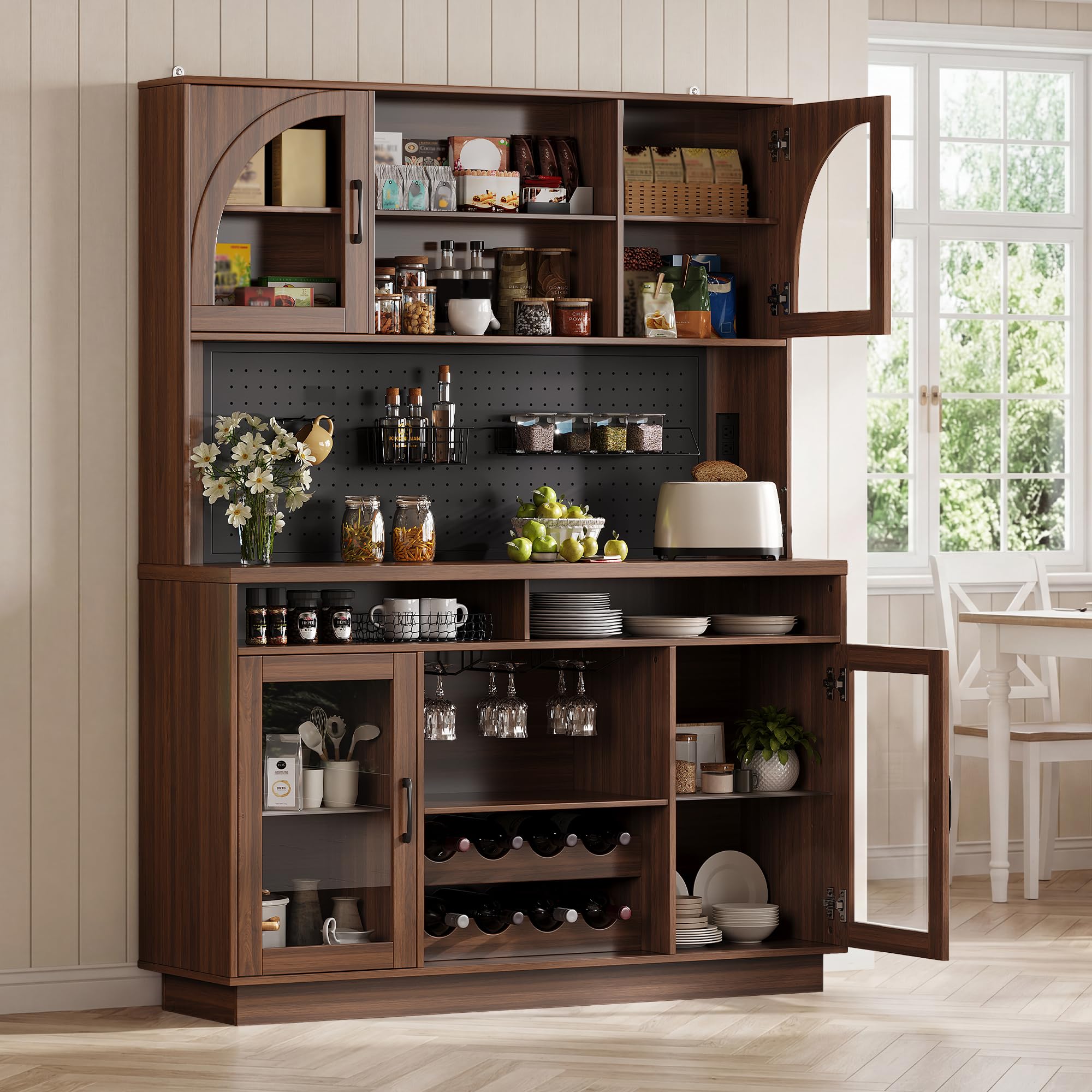 IPKIG 71" Kitchen Pantry Cabinet with Charging Station, Kitchen Hutch Storage Cabinet with LED Lights, Pantry Organizers and Storage with Anti-Tip Device for Dining Room, Brown
