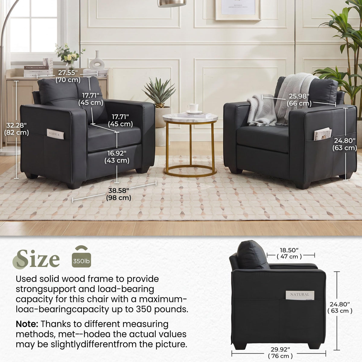 3-Piece Leather Living Room Set, Living Room Furniture for Office,Black