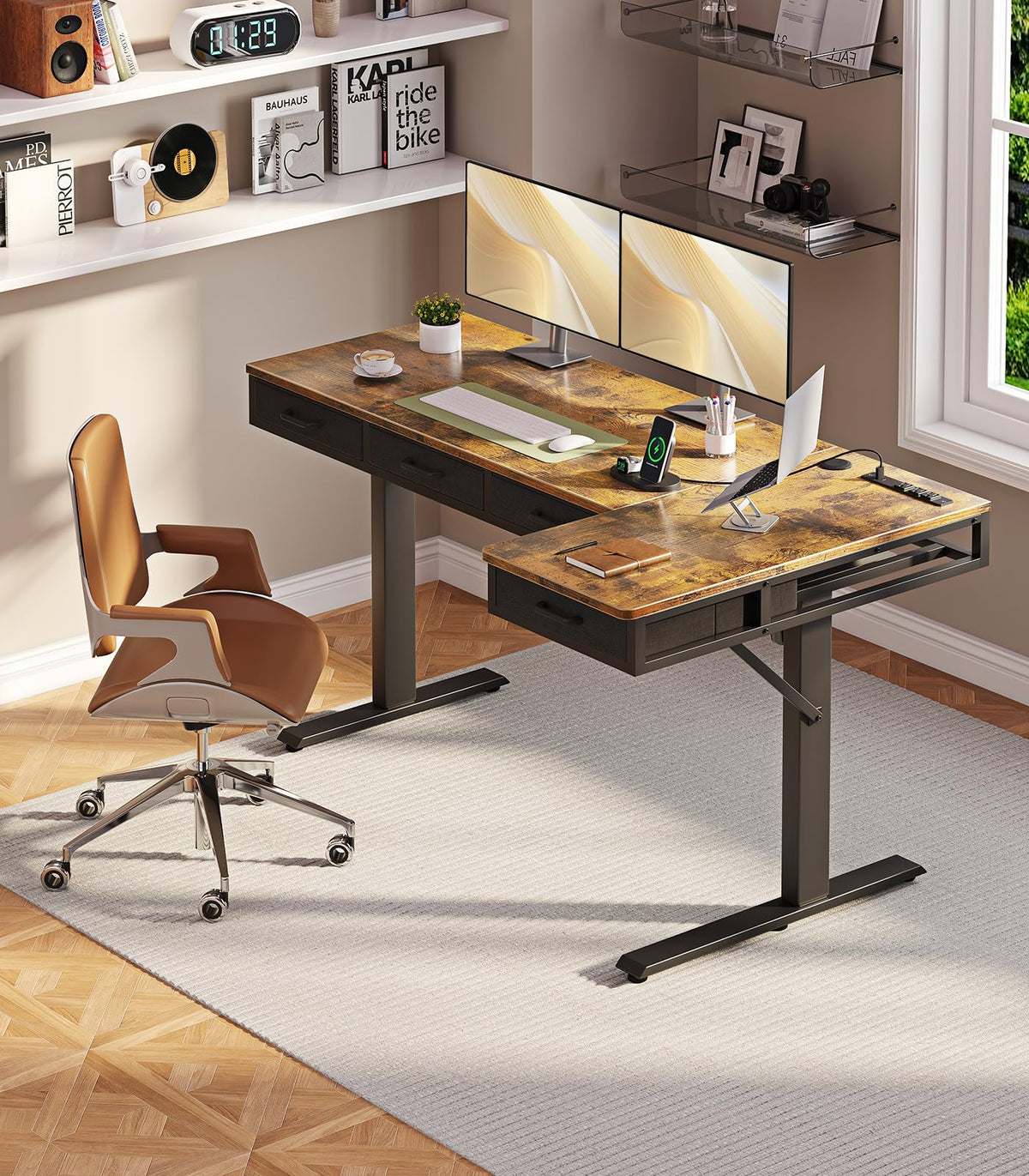 OffiGo 63 Inch L Shaped Electric Standing Desk with 4 Drawers, Rustic Brown