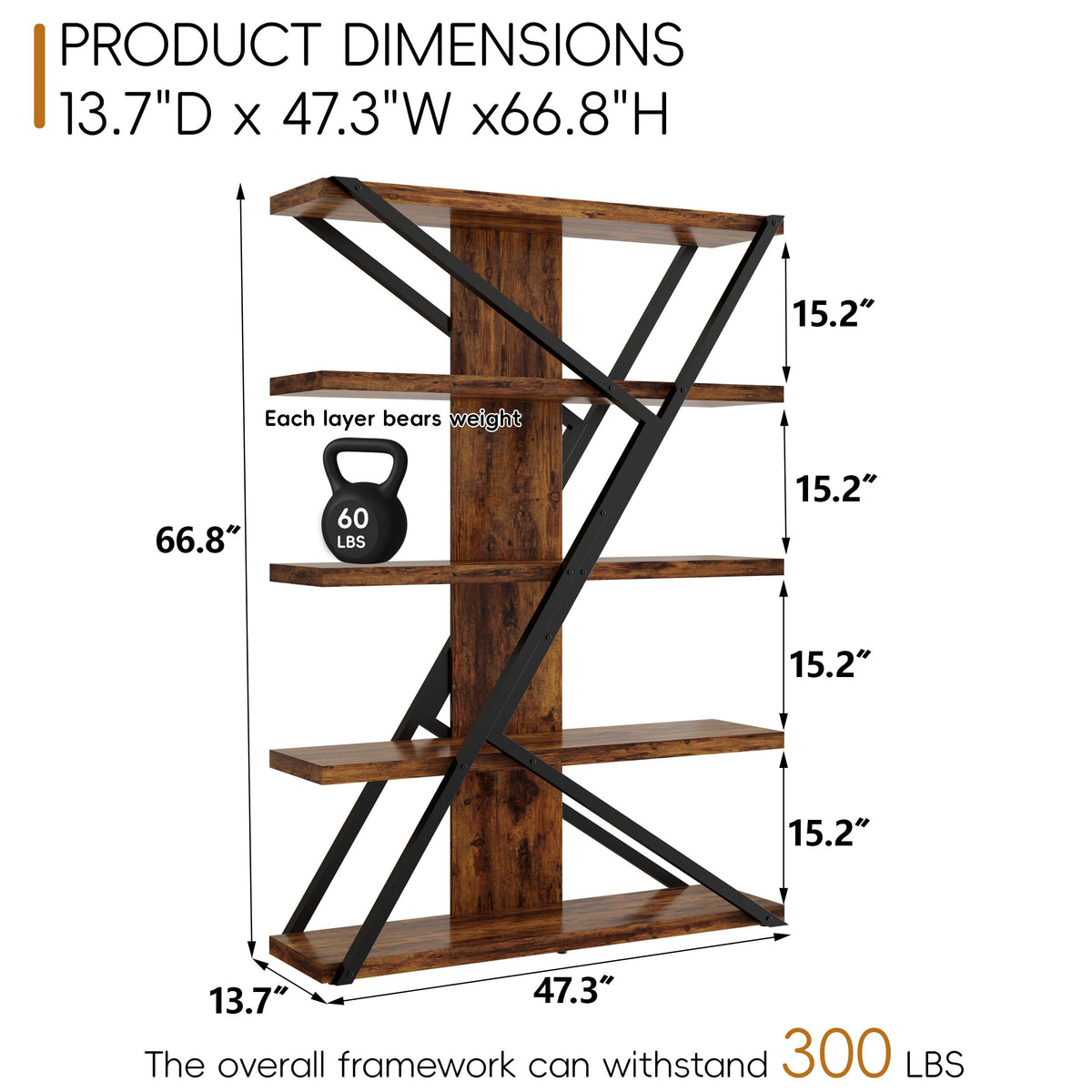 5-Tier Wood and Iron Bookshelf