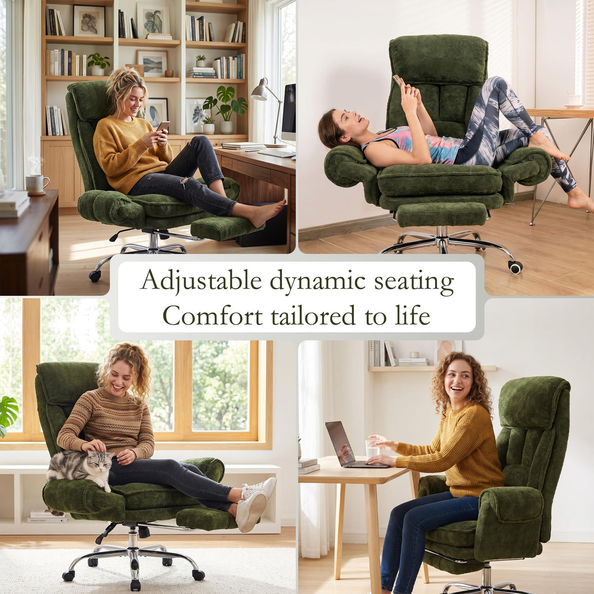 SleekJtre Criss Cross Comfy Office Chair with Adjustable 5-Position Armrests, Retractable Footrest & Headrest, Pet Friendly Reclining Desk Chair for Cross-Legged Sitting Green