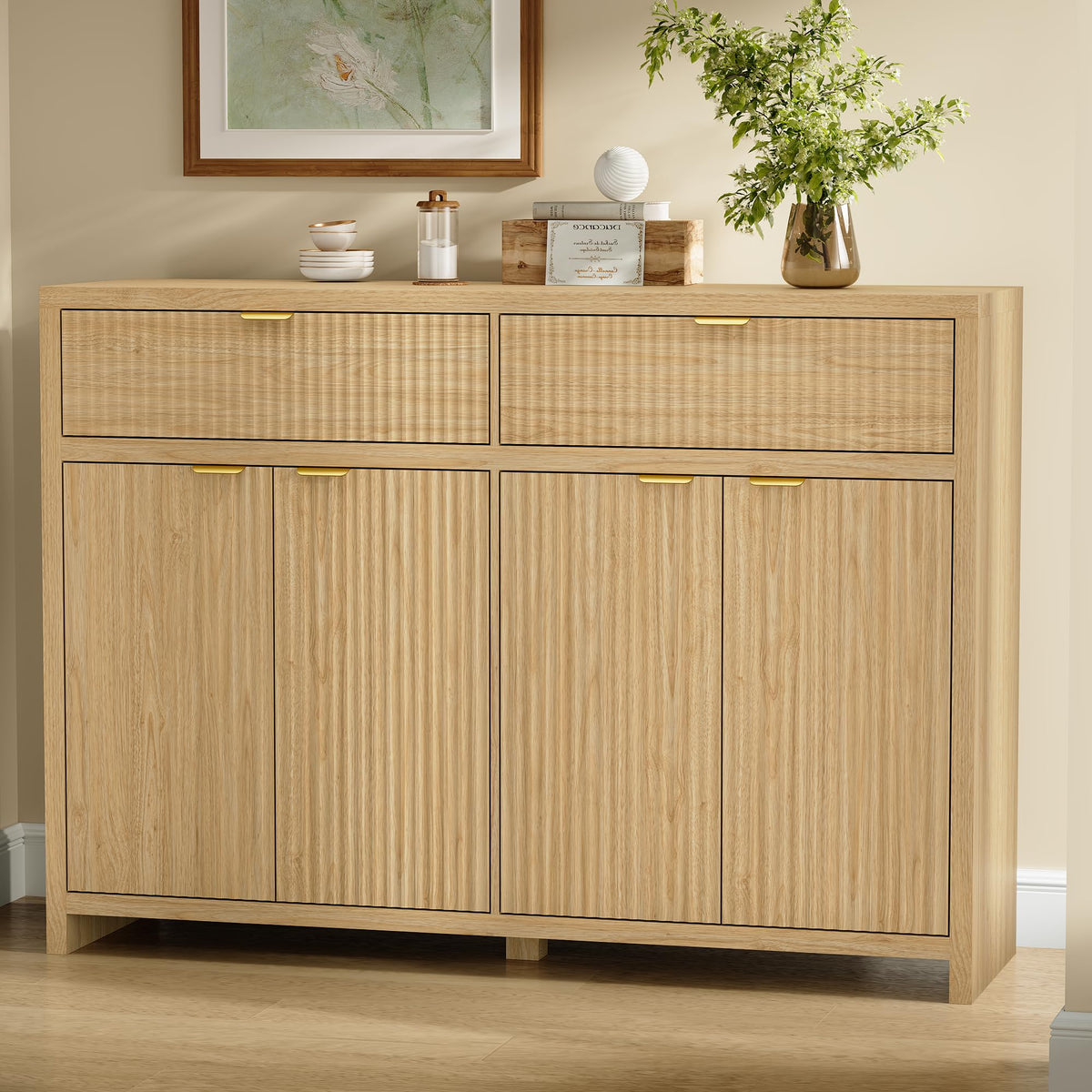 ANYMAPLE 55" Buffet Sideboard Cabinet with Storage Drawers, Fluted Credenza Storage Cabinet with Adjustable Shelf & Doors, Coffee Bar Station for Hallway