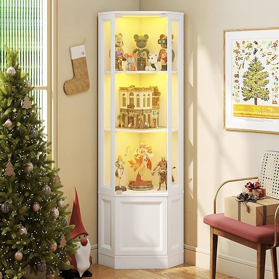 Corner Display Cabinet with LED Lights, 4-Tier Glass Curio Cabinet
