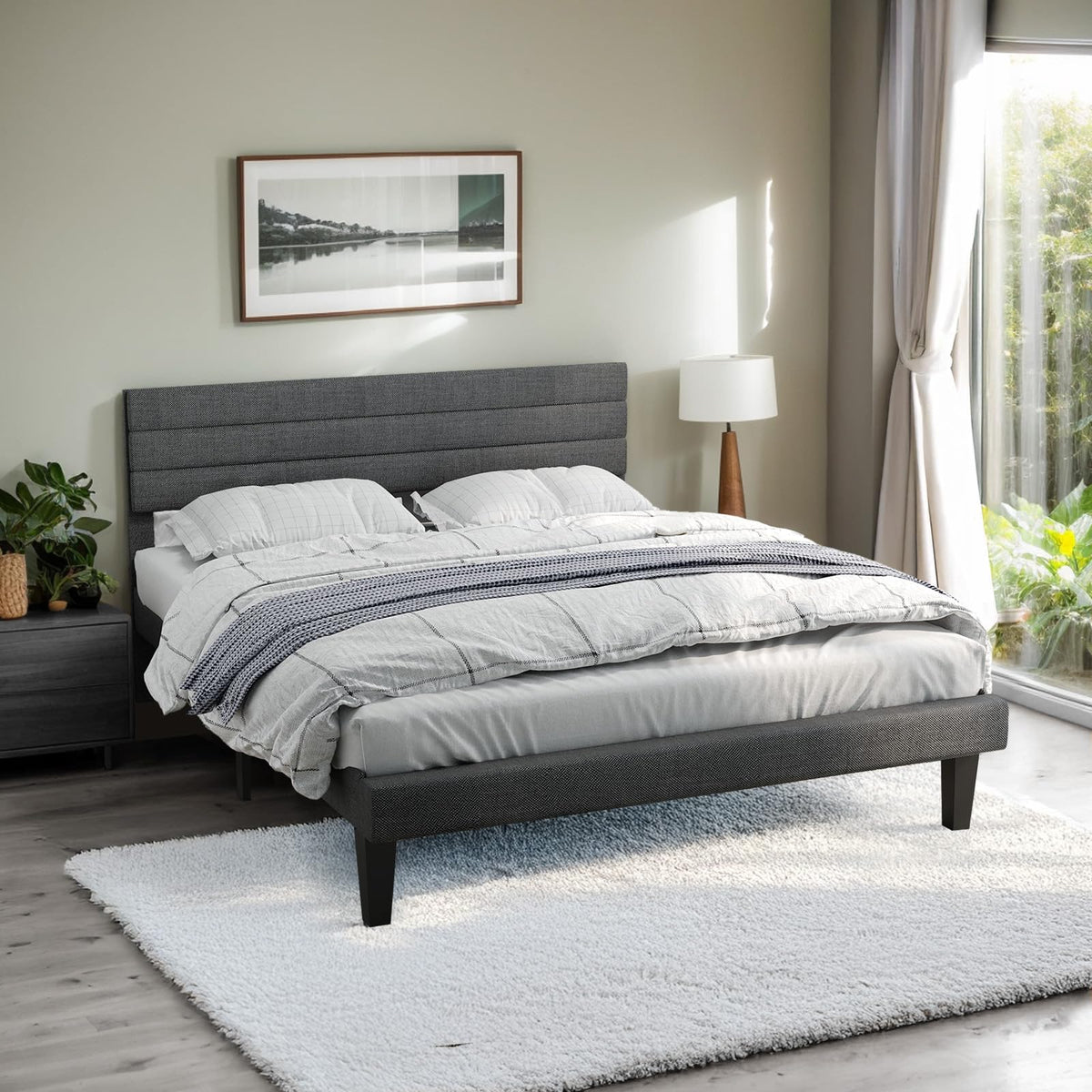 VINGLI Full Bed Frame with Headboard,Upholstered Platform Bed with Adjustable Headboard,Heavy Duty Slats Support,Mid Century Modern,Noise Free, No Box Spring Needed, Dark Gray