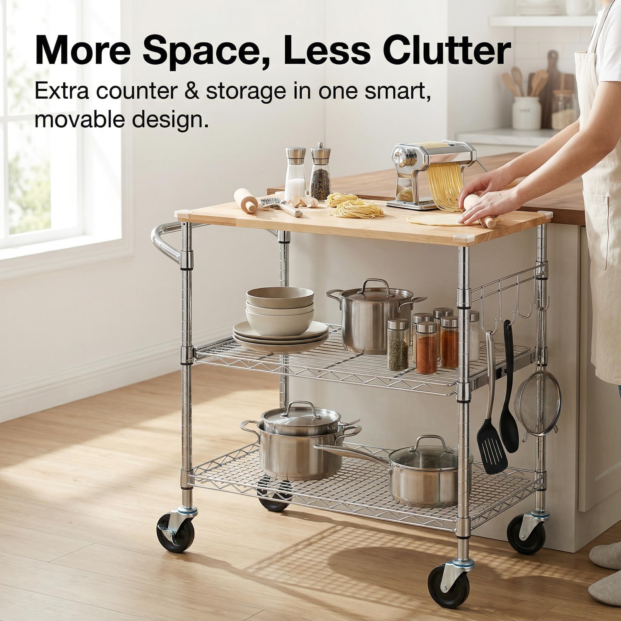 Finnhomy 3-Tier Rolling Kitchen Cart With 18" D x 30" W Oak Wood Tabletop, Kitchen Island With 4" Wheels and Slider Shelf, Microwave & Coffee Cart With Hooks for Dining Room, Chrome