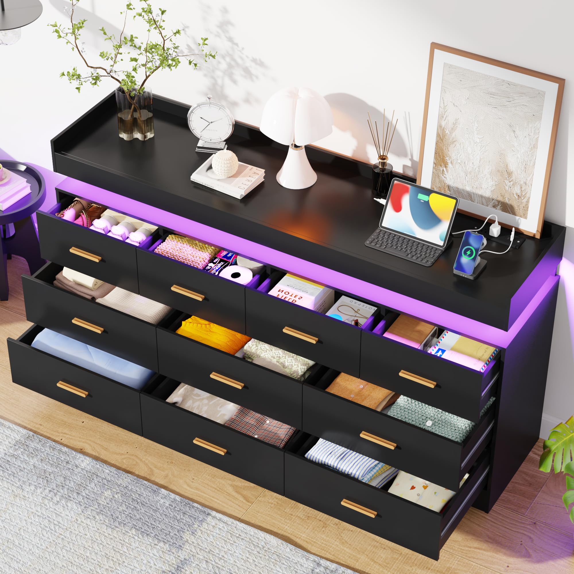 10-Drawer Dresser with Power Outlet & LED Light