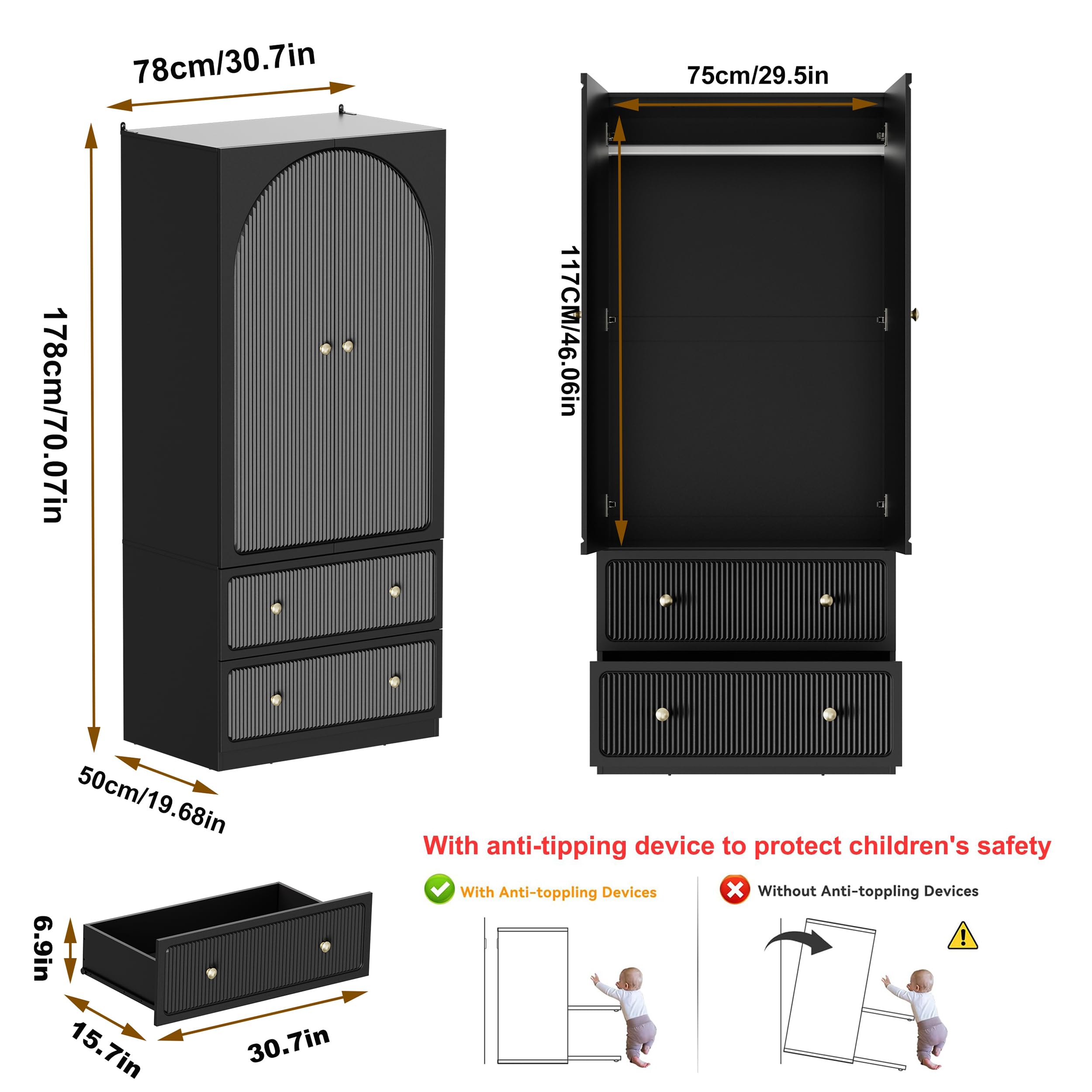 2-Door Wardrobe with Drawers & Hanging Rod