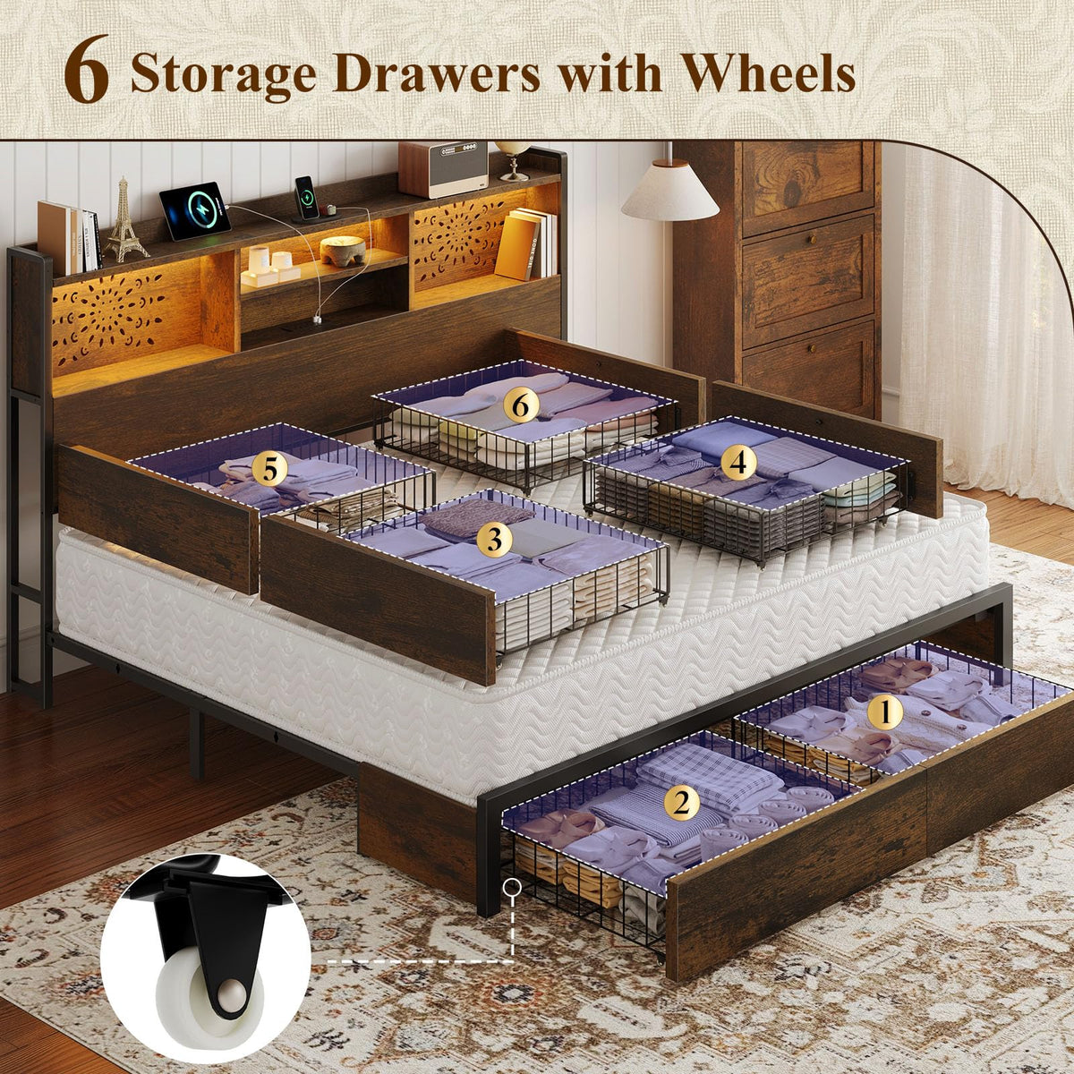 Belffin King Size Bed Frame with 6 Storage Drawers and Headboard, Brown