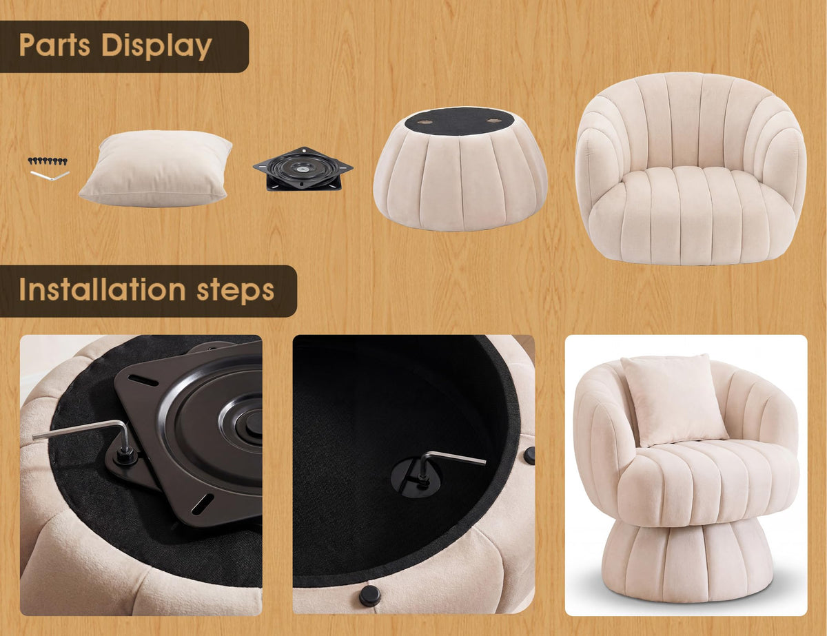 Beige Velvet Swivel Barrel Chair