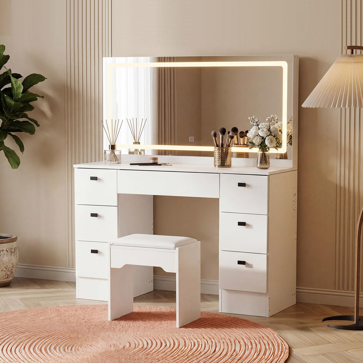 TUKAILAi 46.1" Large Vanity Desk with Mirror and LED Lights,7 Drawers & Power Outlet, White Modern Makeup Vanity Desk with PU Cushion Stool, Touch Control 3 Color Modes Dressing Table Set for Bedroom