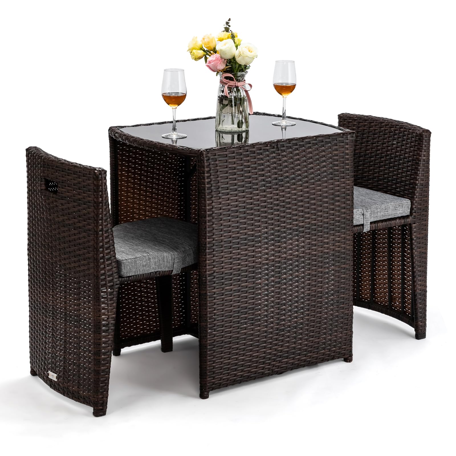 Bonnlo 3 PCS Wicker Outdoor Patio Bistro Set, Patio Furniture Set for Small Space with Glass Top Table Dining Chairs, Balcony Furniture Patio Table and Chairs Set of 2 for Garden Yard Porch (Brown)