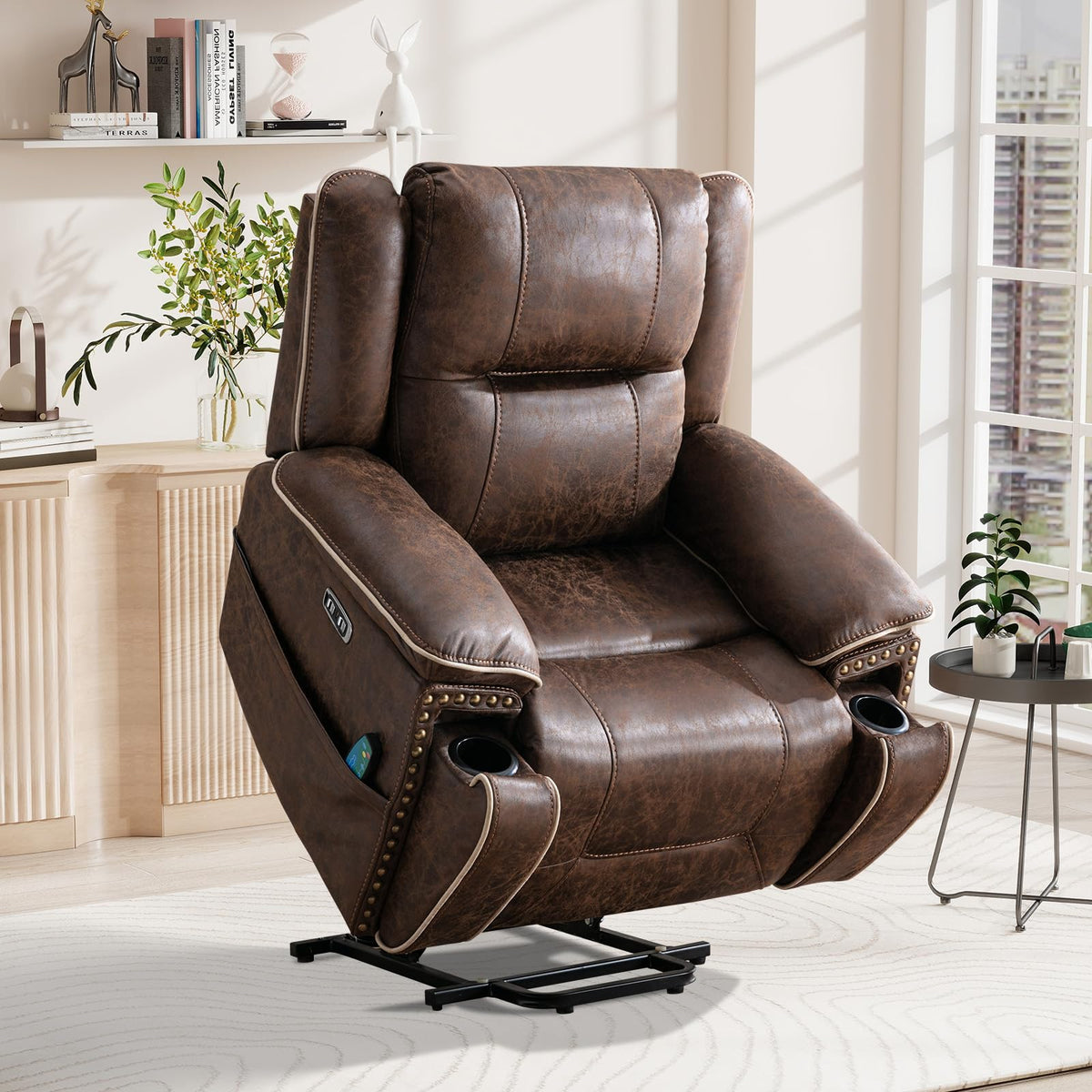 Bonzy Home Power Lift Recliner Chair for Elderly with Massage and Heat, Dual Motor Faux Leather Recliner Chair with Spacious Seat, 2 Cup Holders, Adjustable Headrest, Remote (Dark Brown)