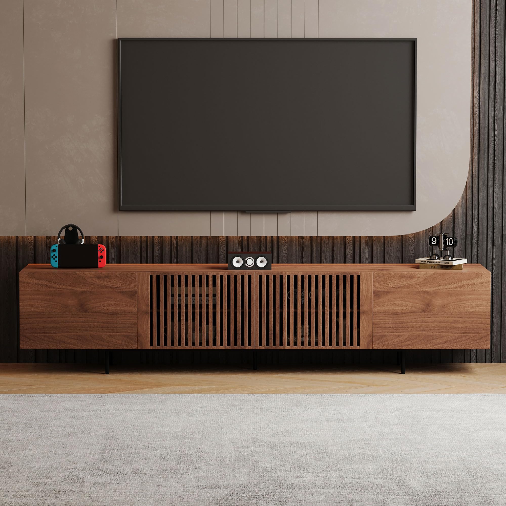 gaoyangjiaju 94.48" Mid-Century Modern TV Stand, Walnut Media Console with 4 Storage Cabinets, Entertainment Center for TVs up to 100 Inches, Ideal for Living Room or Bedroom