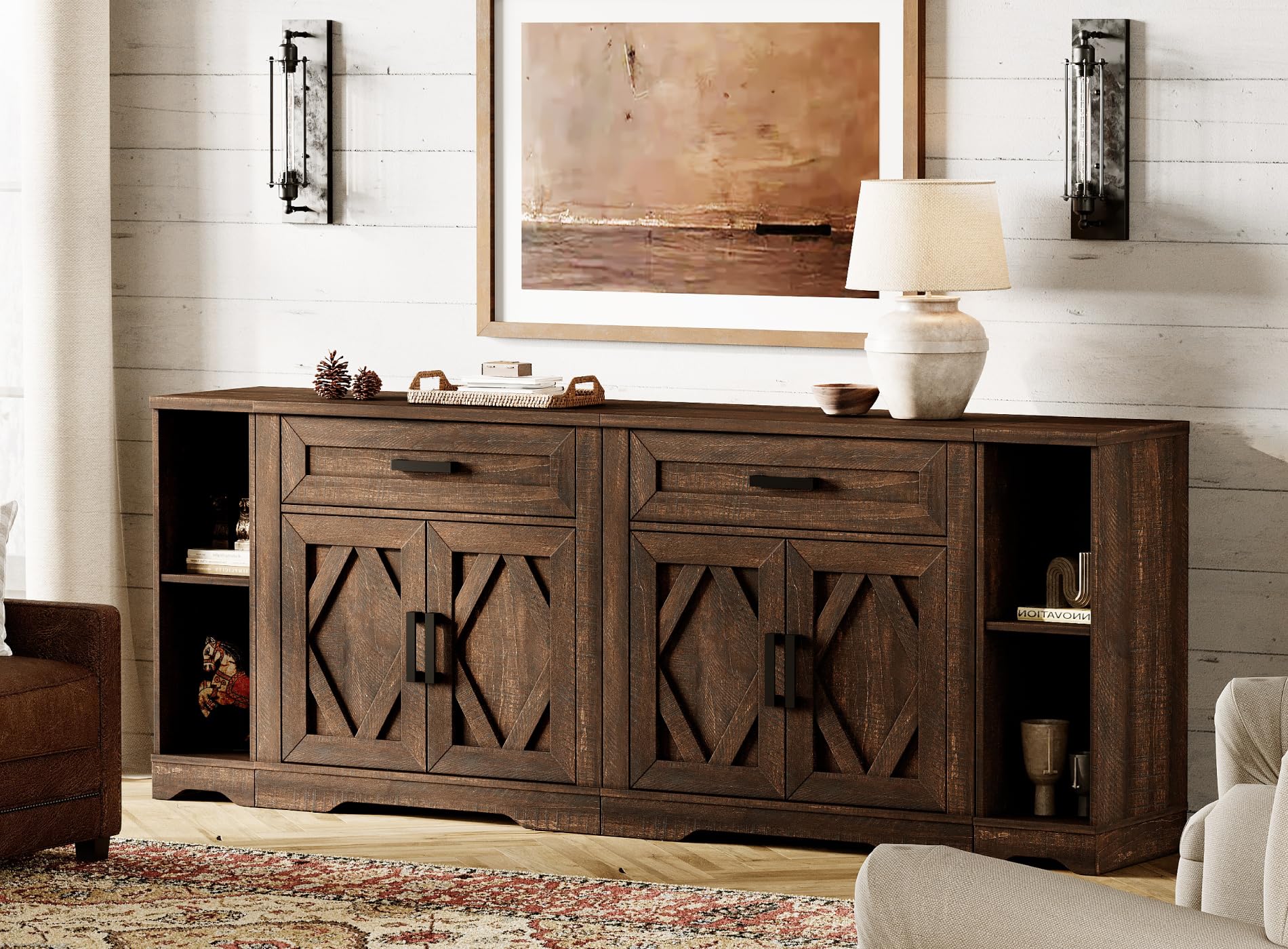 WAMPAT 82.7" W TV Stand for up to 95" TVs,Farmhouse Entertainment Center with Storage Barn Door Cabinet,TV Console Table with Media Cabinet and Drawers for Living Room,Bedroom,Dark Brown