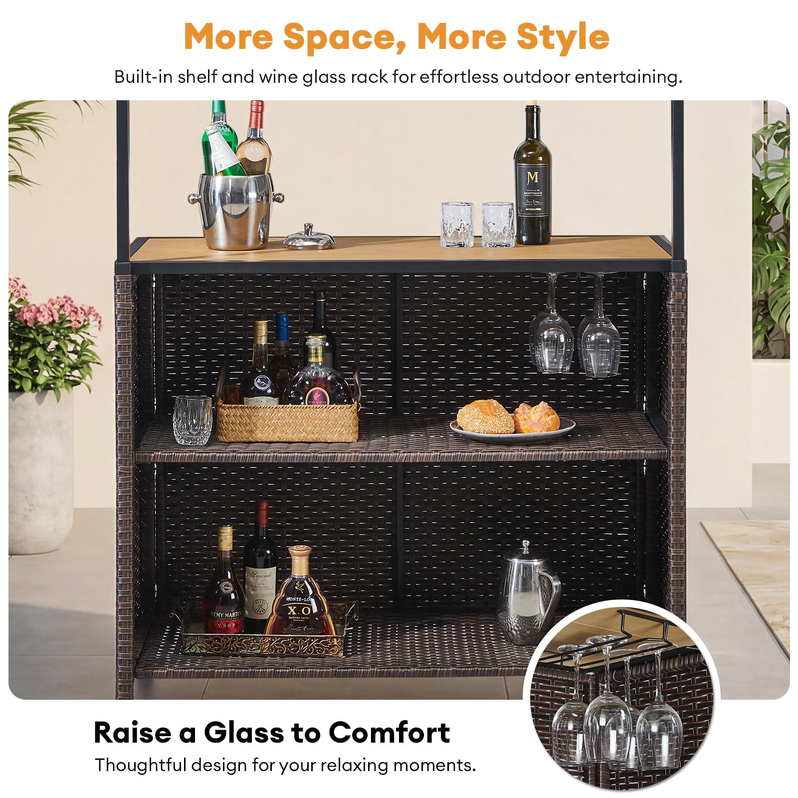 Opohoro Outdoor Tiki Bar Set - 3 Pieces Wicker Patio Bar Height Set with Palapa Top and 2 Stools, All-Weather Patio Bar Set with Storage Shelves & Wine Glass Rack for Garden Patio Backyard Brown